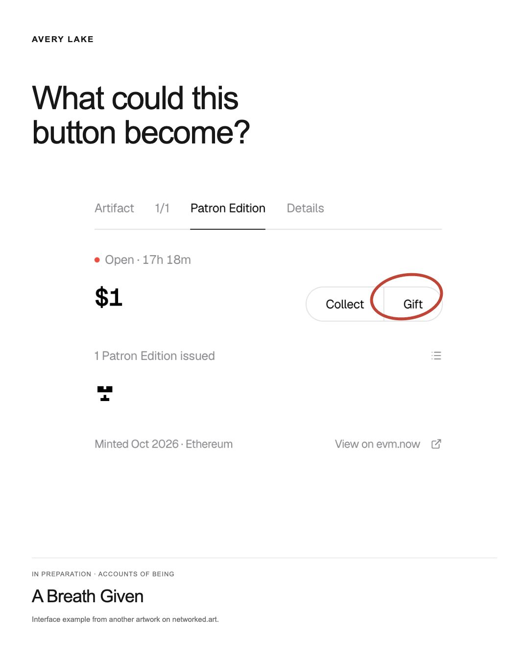 An example Networked Patron Edition panel with the Gift button circled